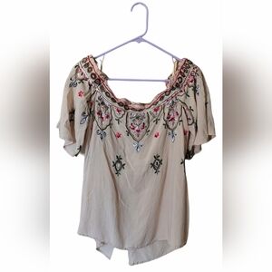 Democracy Women's Medium Beige Colorful Embroidered Huipil Off-Shoulder Blouse